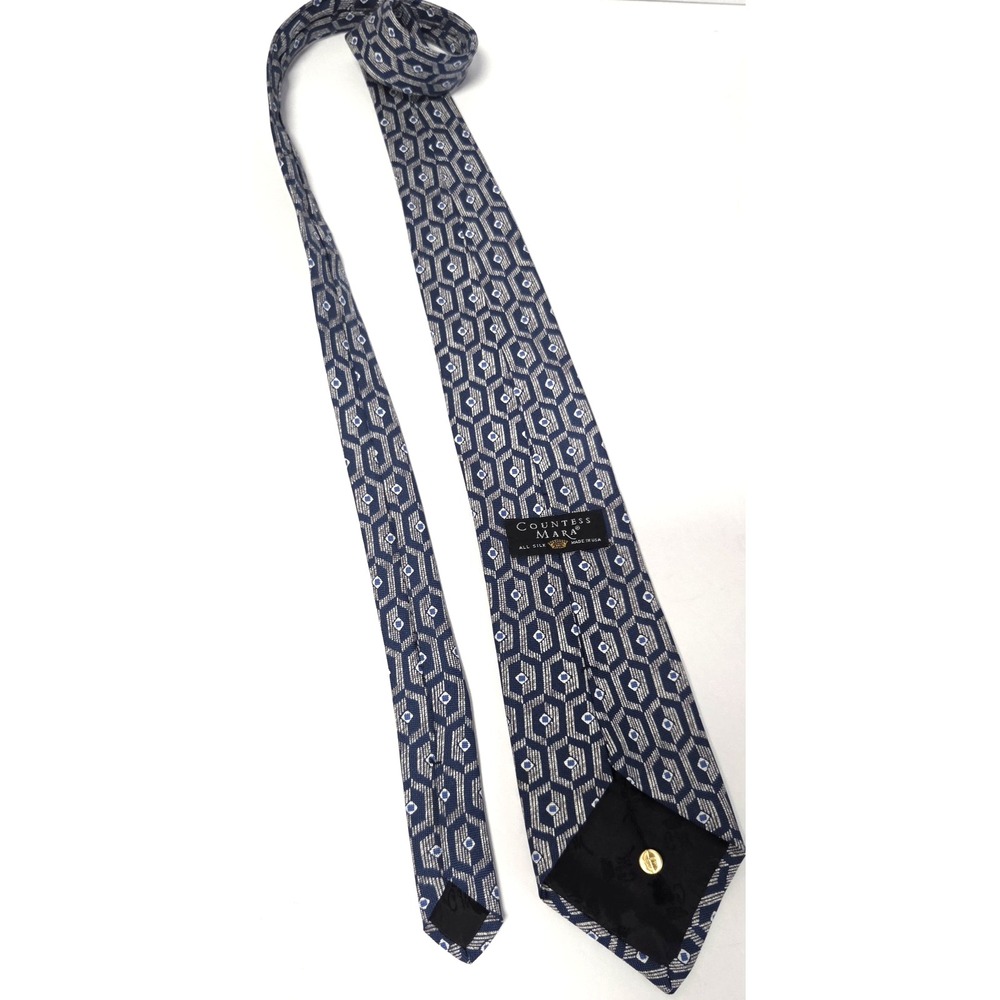 Countess Mara Necktie Blue/Gray/Ivory Geometric 100% Silk Tile Elongated Hex - Picture 9 of 12